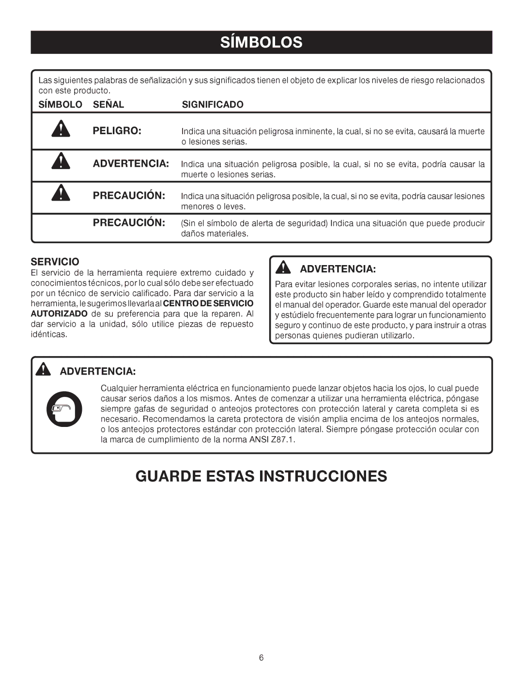 Ryobi P206 manual Advertencia, Símbolo Señal Significado 