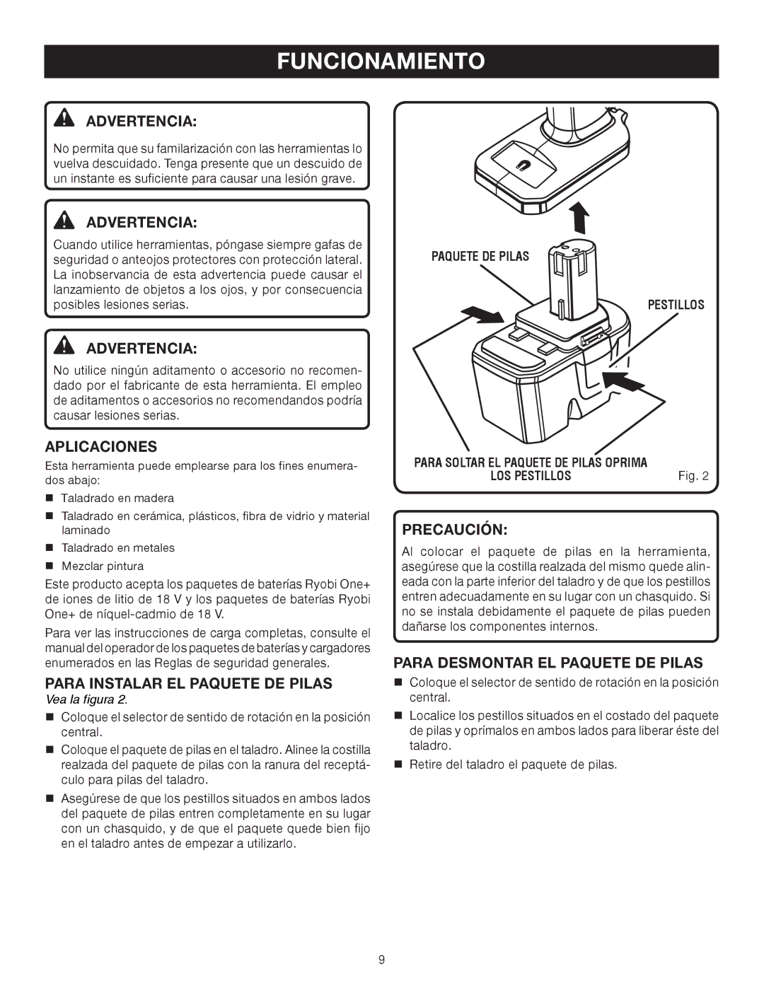 Ryobi P206 Funcionamiento, Aplicaciones, Para Instalar EL Paquete DE Pilas, Precaución, Para Desmontar EL Paquete DE Pilas 