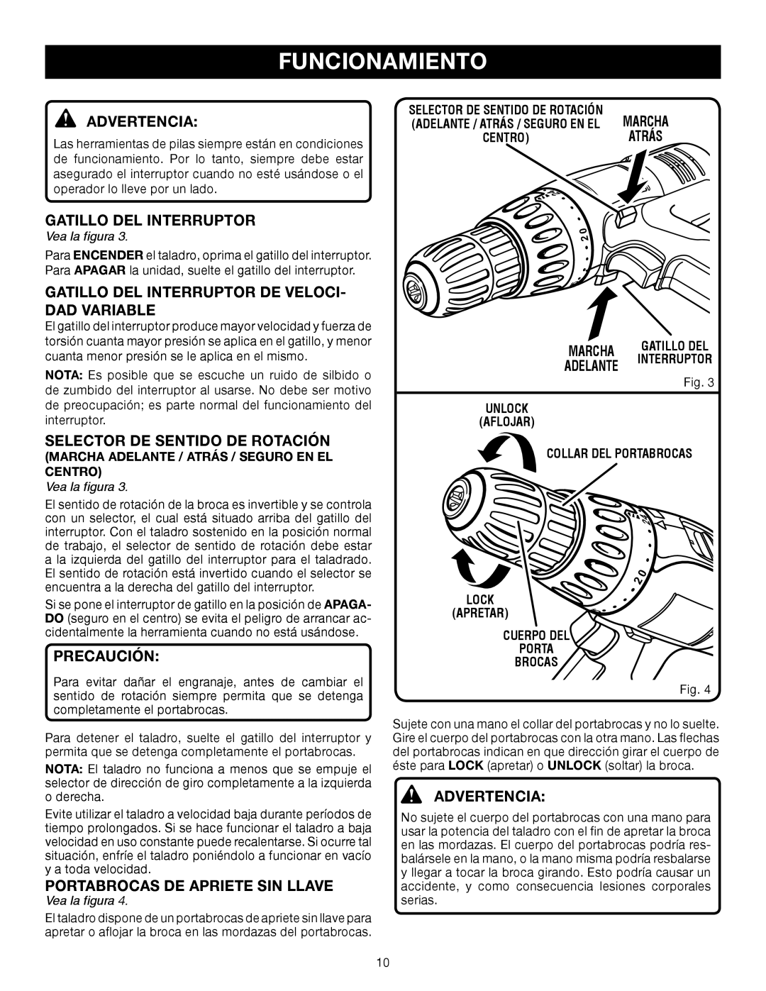 Ryobi P206 manual Gatillo DEL Interruptor DE VELOCI- DAD Variable, Marcha Adelante / Atrás / Seguro EN EL Centro 