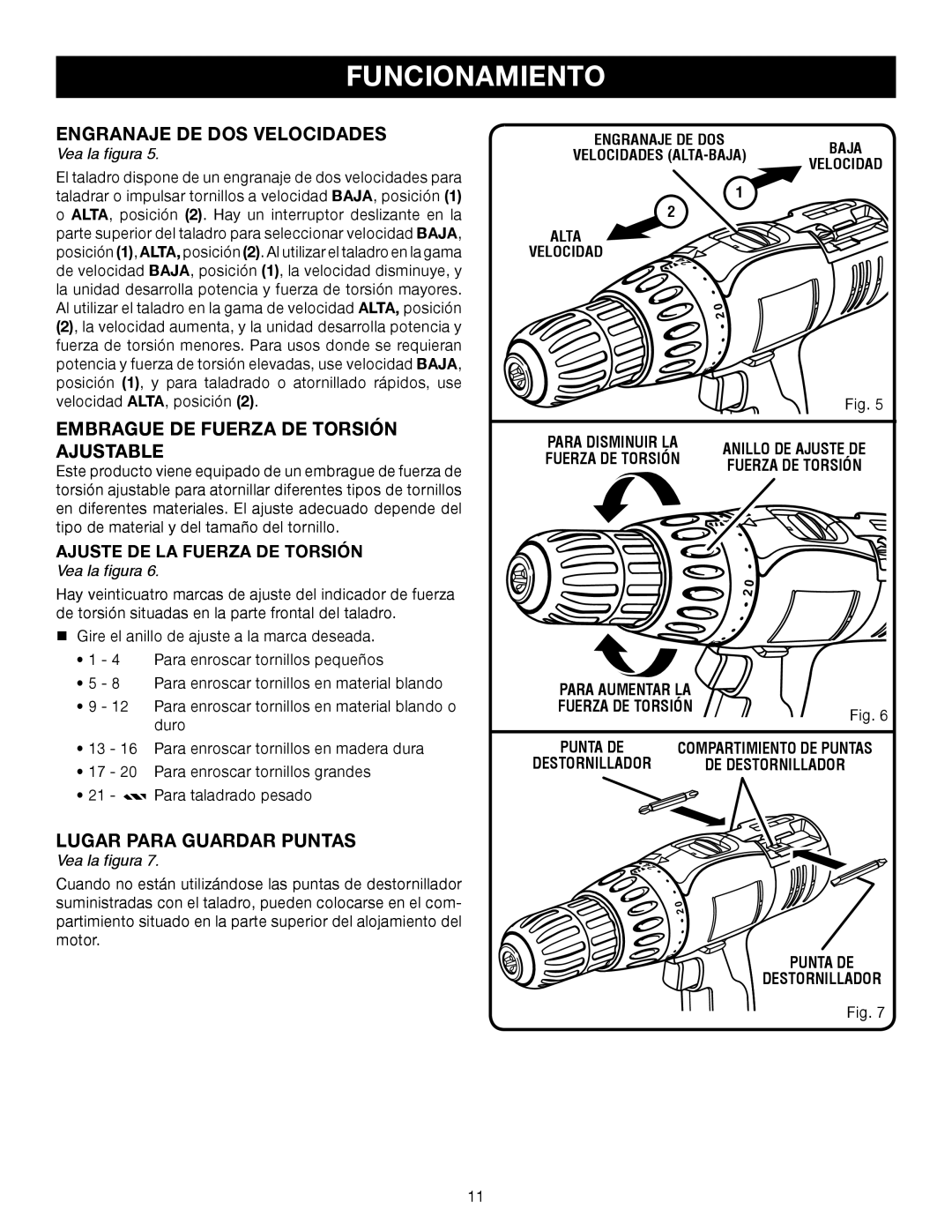 Ryobi P206 manual Embrague DE Fuerza DE Torsión Ajustable, Lugar Para Guardar Puntas, Ajuste DE LA Fuerza DE Torsión 