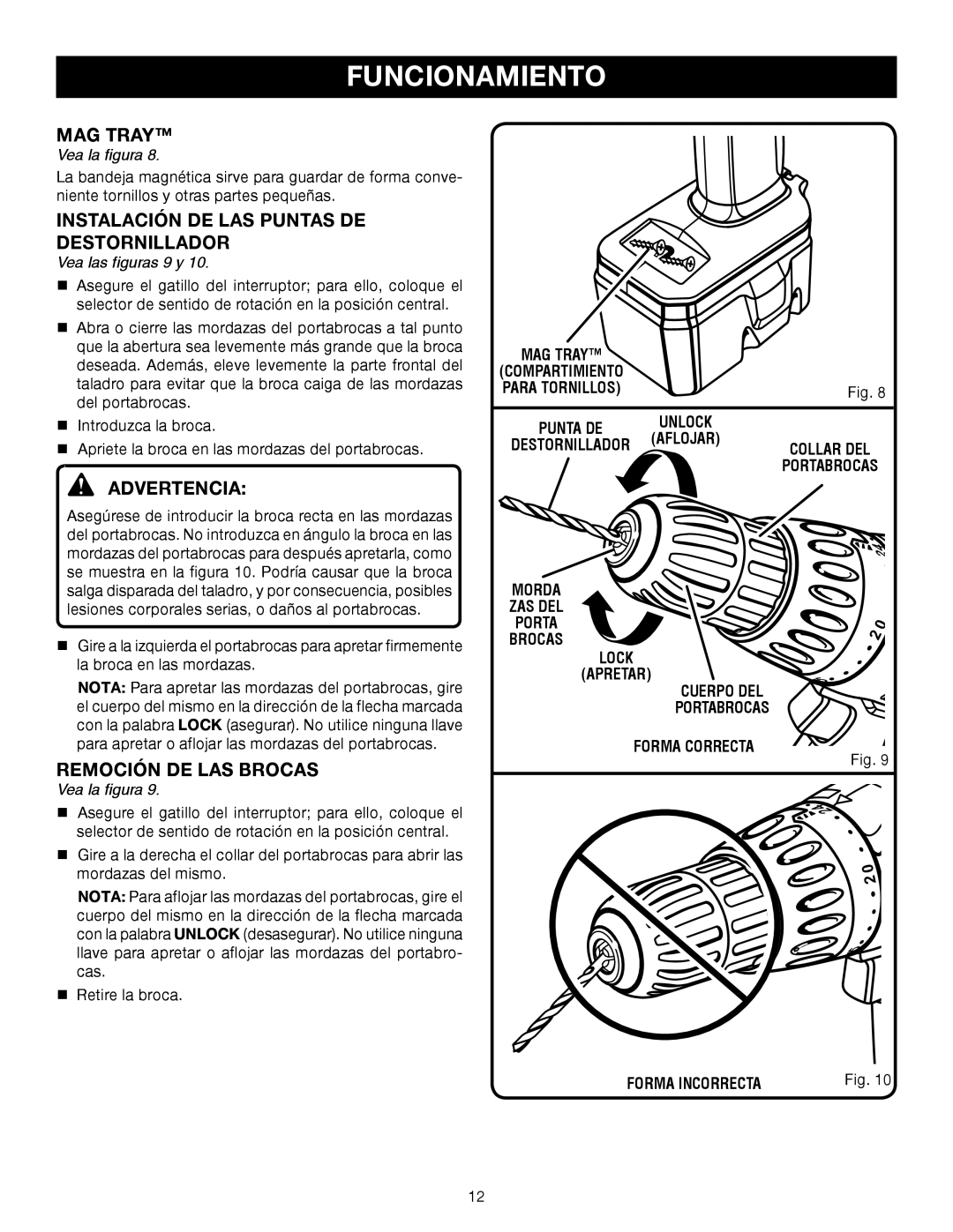Ryobi P206 manual Instalación DE LAS Puntas DE Destornillador, Remoción DE LAS Brocas, Vea las figuras 9 y 