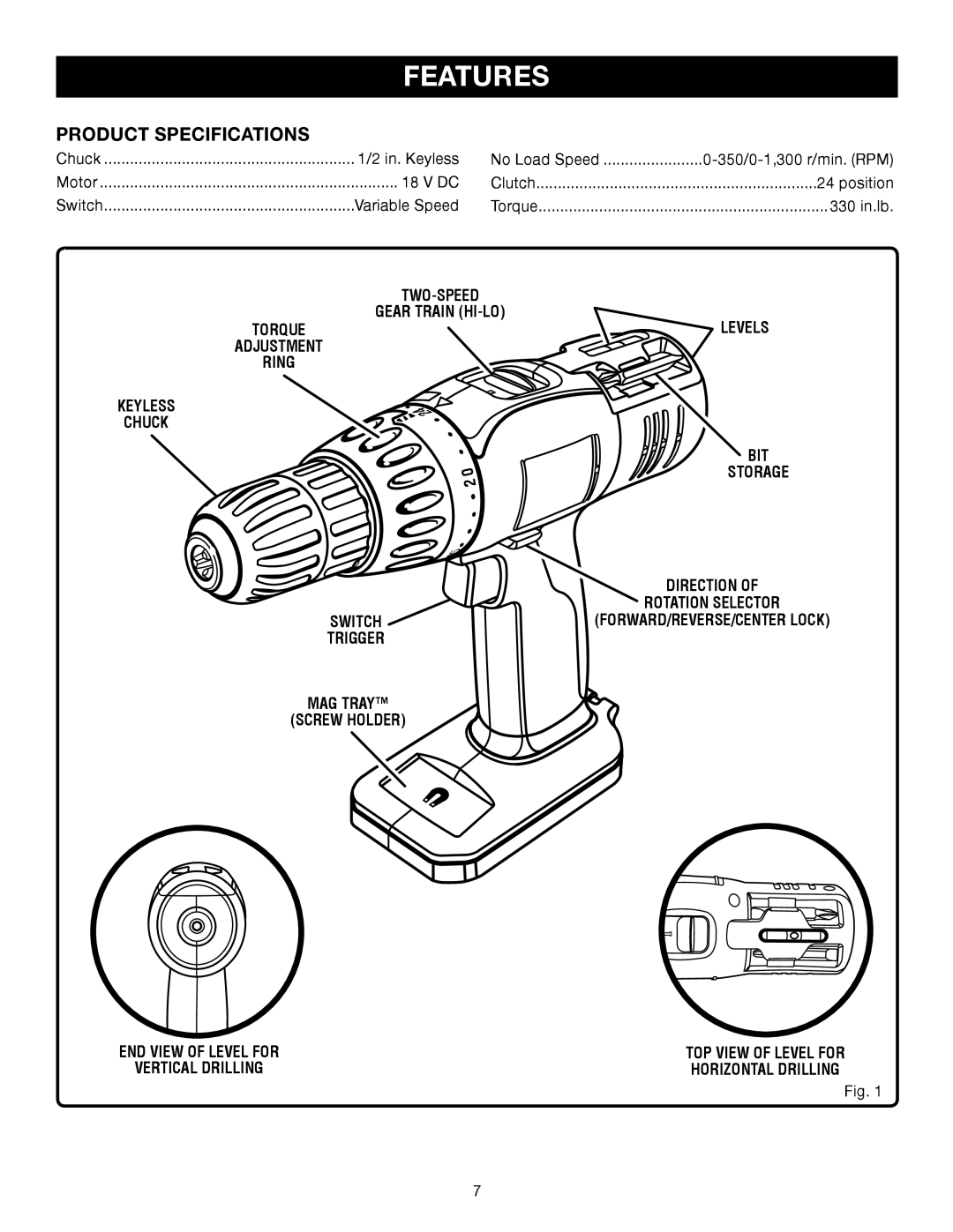 Ryobi P206 manual Features, Product Specifications 