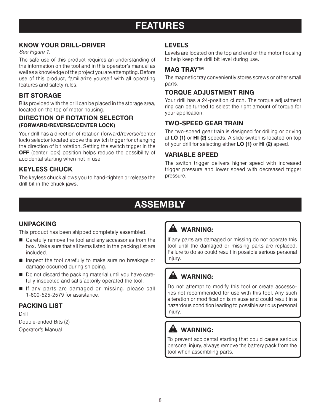 Ryobi P206 manual Assembly 