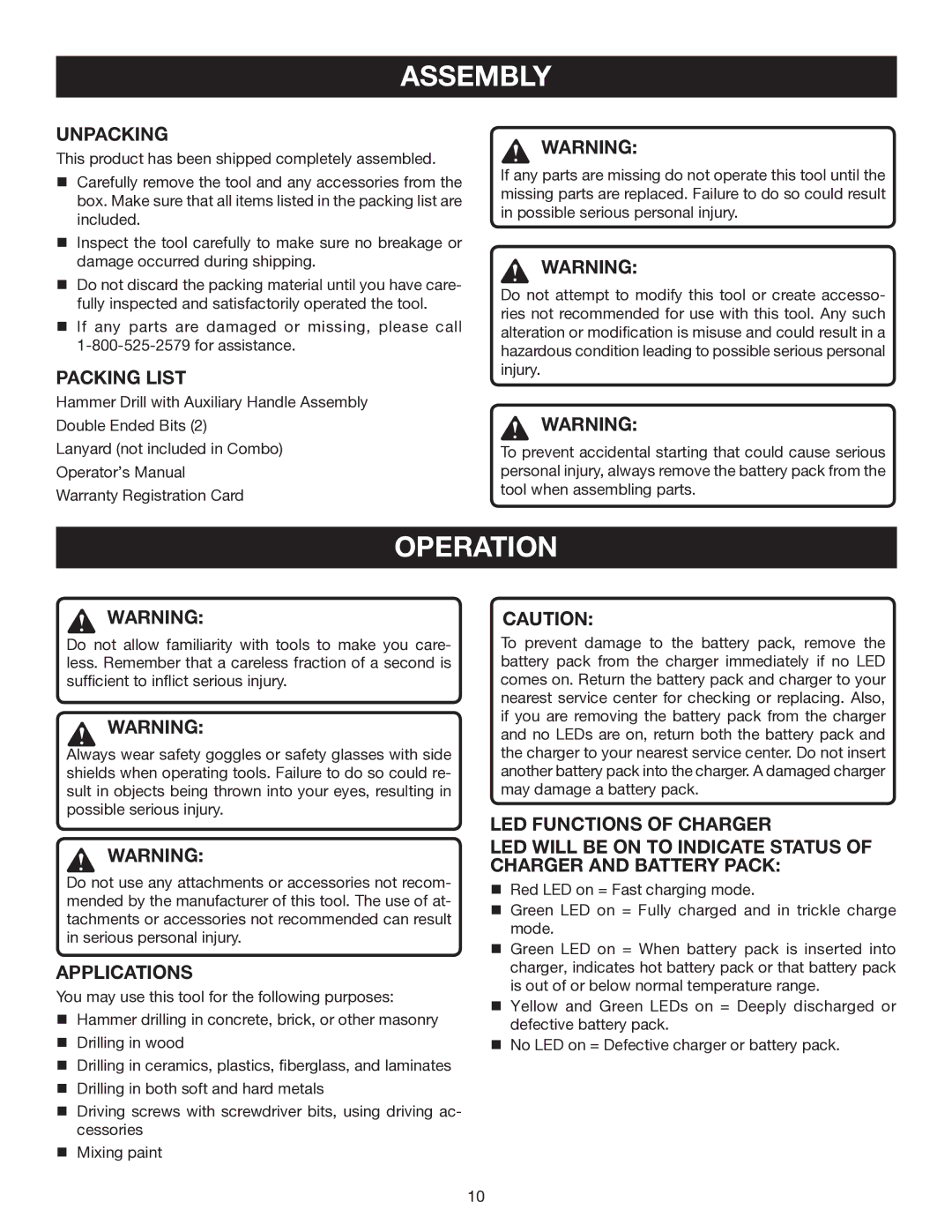 Ryobi P210 manual Assembly, Operation, Unpacking, Packing List, Applications 