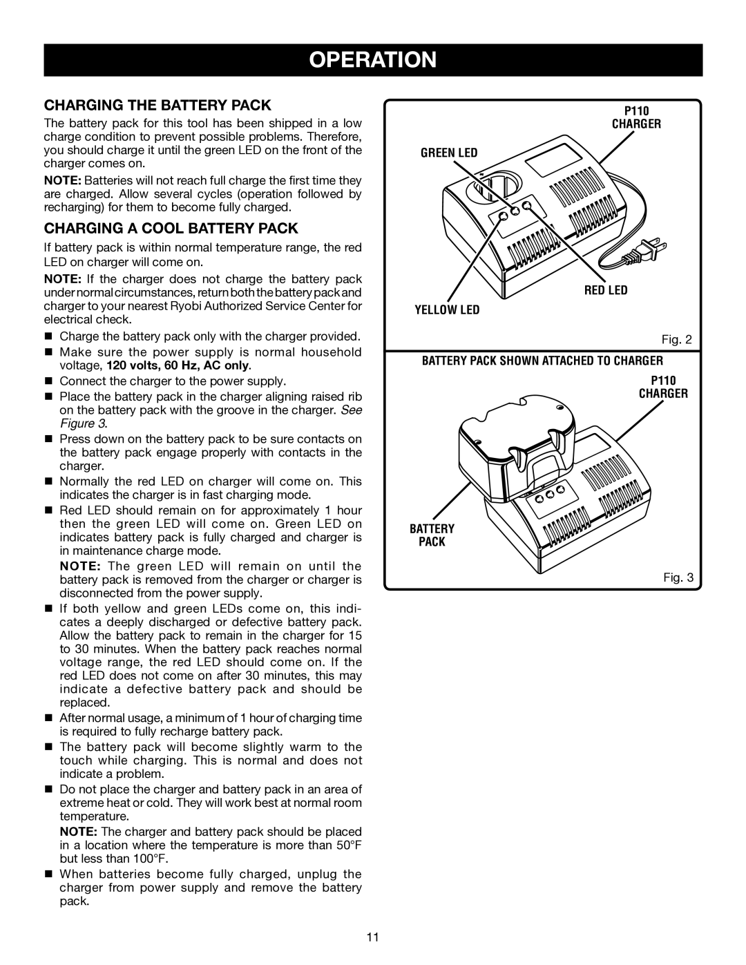 Ryobi P210 manual Charging the Battery Pack, Charging a Cool Battery Pack, Charger Battery Pack 