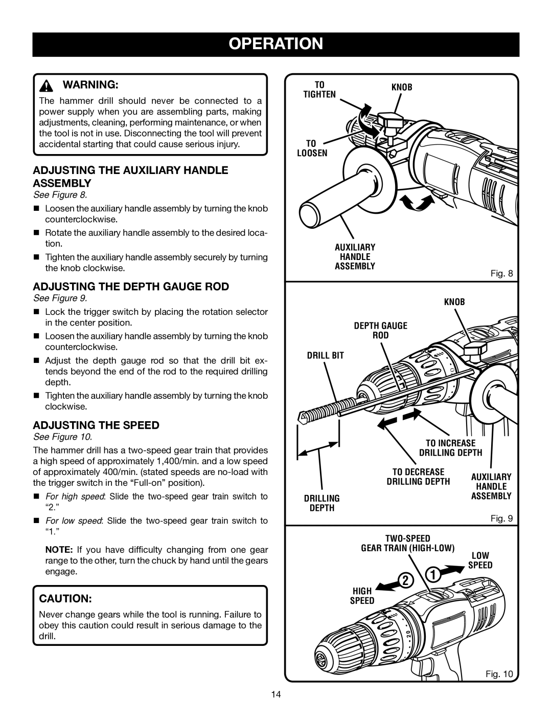 Ryobi P210 manual Adjusting the Auxiliary Handle Assembly, Adjusting the Depth Gauge ROD, Adjusting the Speed 