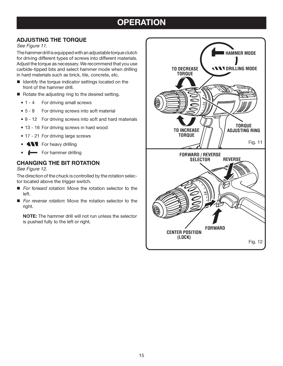 Ryobi P210 manual Adjusting the Torque, Changing the BIT Rotation, Hammer Mode, Lock Forward 