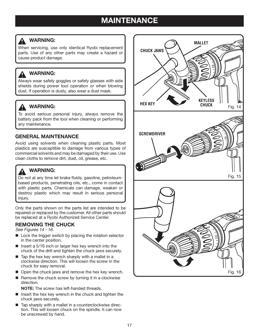 Ryobi P210 manual General Maintenance, Removing the Chuck, Mallet Chuck Jaws HEX KEY, Screwdriver 