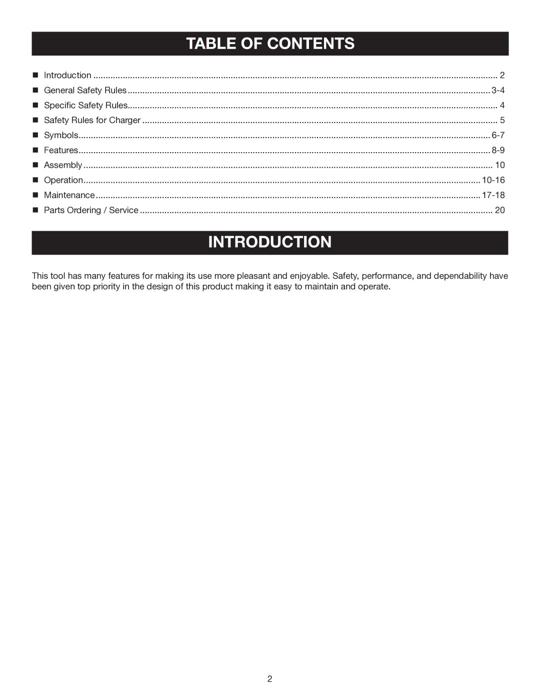 Ryobi P210 manual Introduction, Table of Contents 