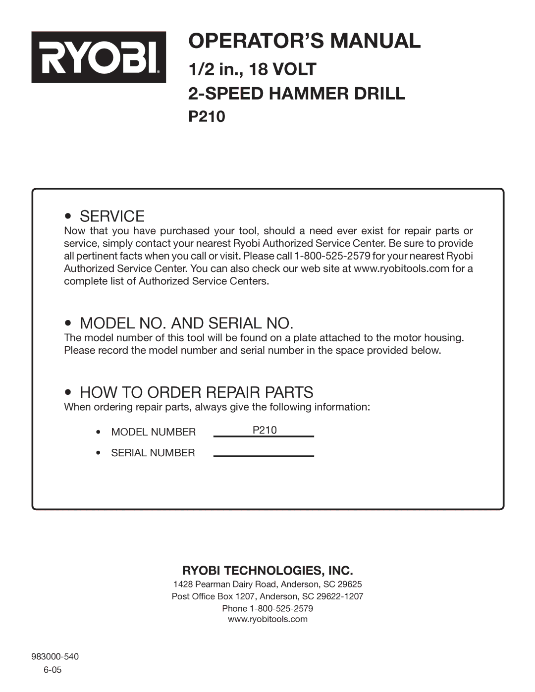 Ryobi P210 manual Service Model NO. and Serial no 