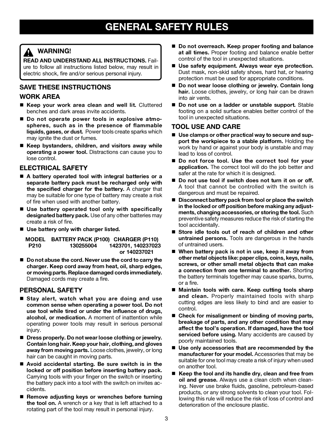 Ryobi P210 manual General Safety Rules, Work Area, Electrical Safety, Personal Safety, Tool USE and Care 