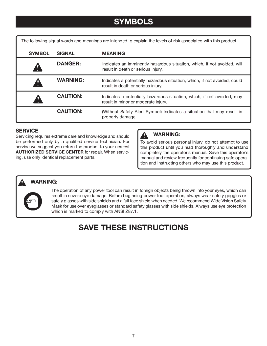 Ryobi P210 manual Symbol Signal Meaning 