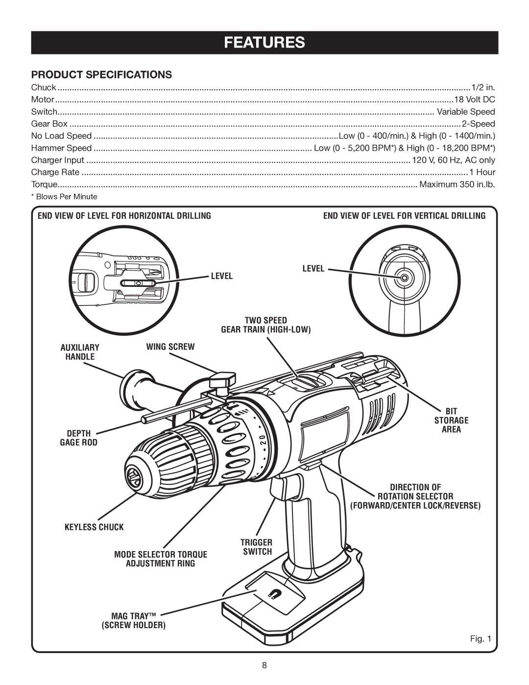 Ryobi P210 manual Features, Product Specifications 