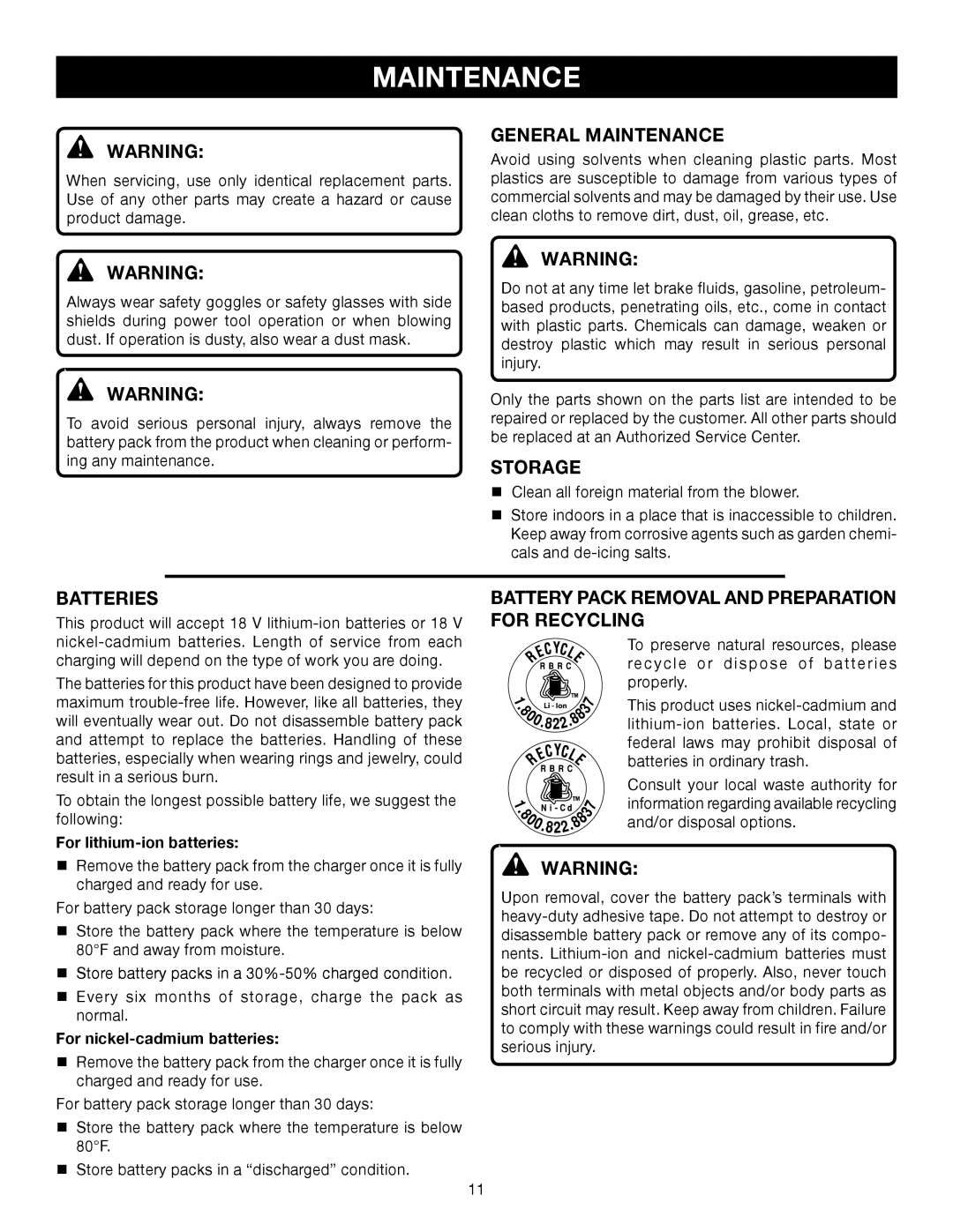 Ryobi P2100B, P2100A manual General Maintenance, Storage, Batteries, Battery Pack Removal and Preparation for Recycling 