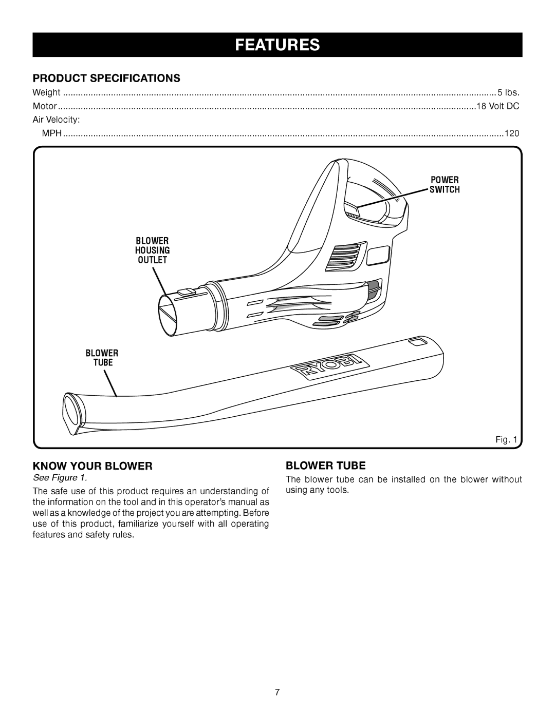 Ryobi P2100A, P2100B manual Product Specifications, Blower Tube, Power Switch Blower Housing Outlet Tube 