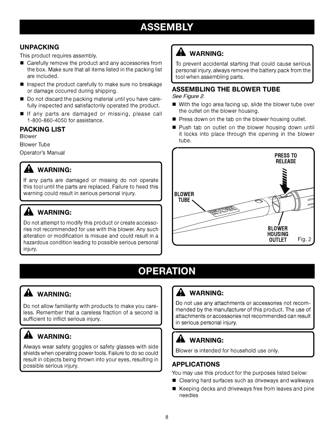 Ryobi P2100B, P2100A manual Assembly, Operation 