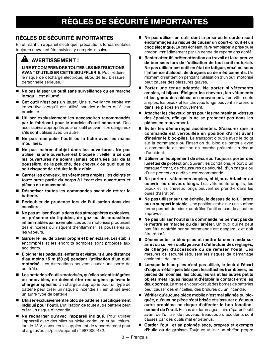 Ryobi P2101 manuel dutilisation Règles DE Sécurité Importantes, Avertissement 