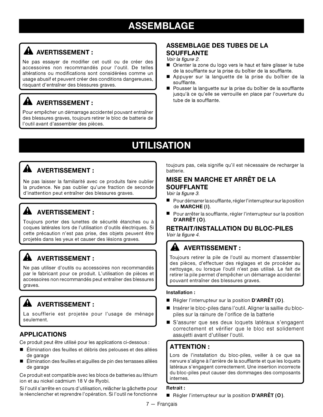 Ryobi P2101 Utilisation, Assemblage DES Tubes DE LA SOUFFLANTE­, Mise EN Marche ET Arrêt DE LA SOUFFLANTE­ 