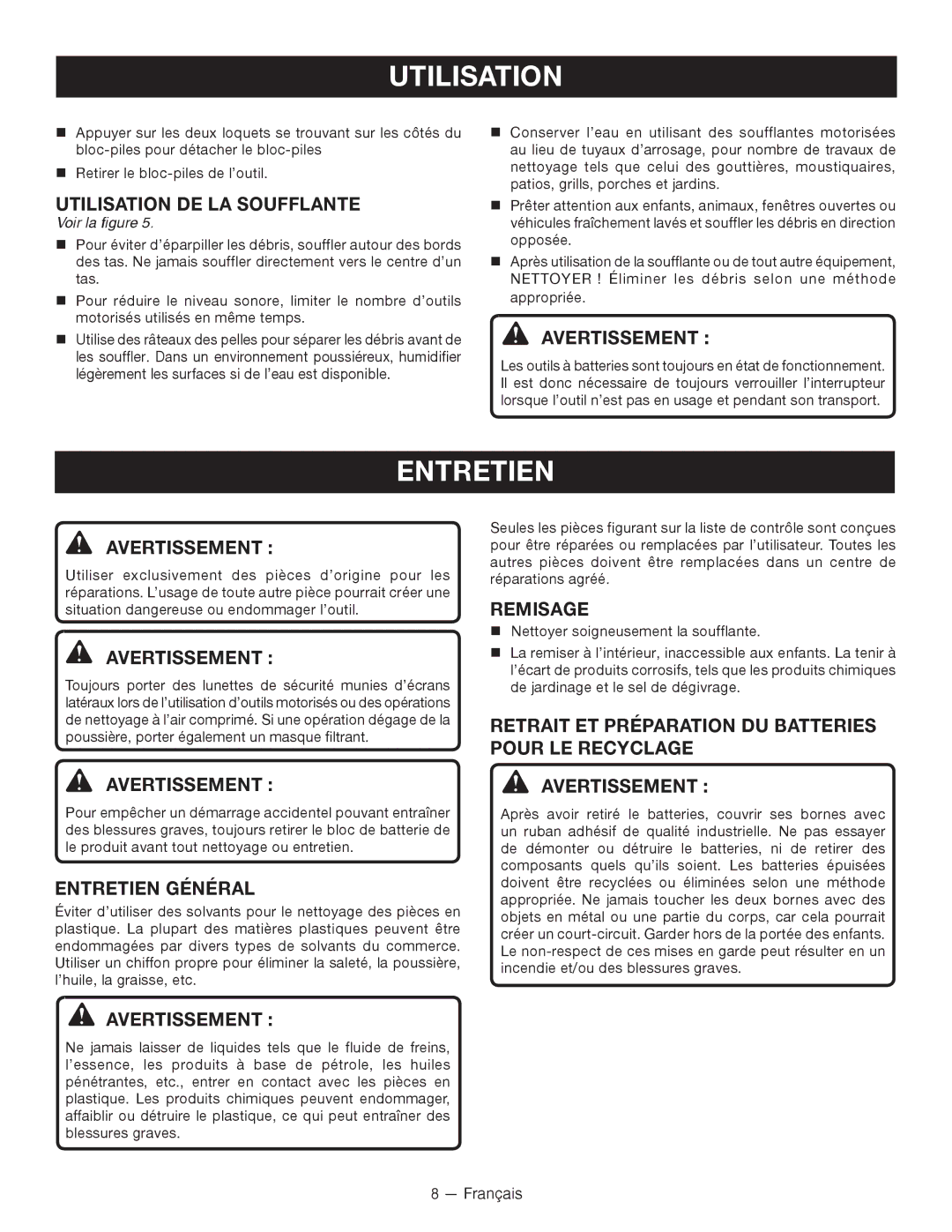 Ryobi P2101 manuel dutilisation Utilisation DE LA Soufflante, Entretien Général, Remisage 