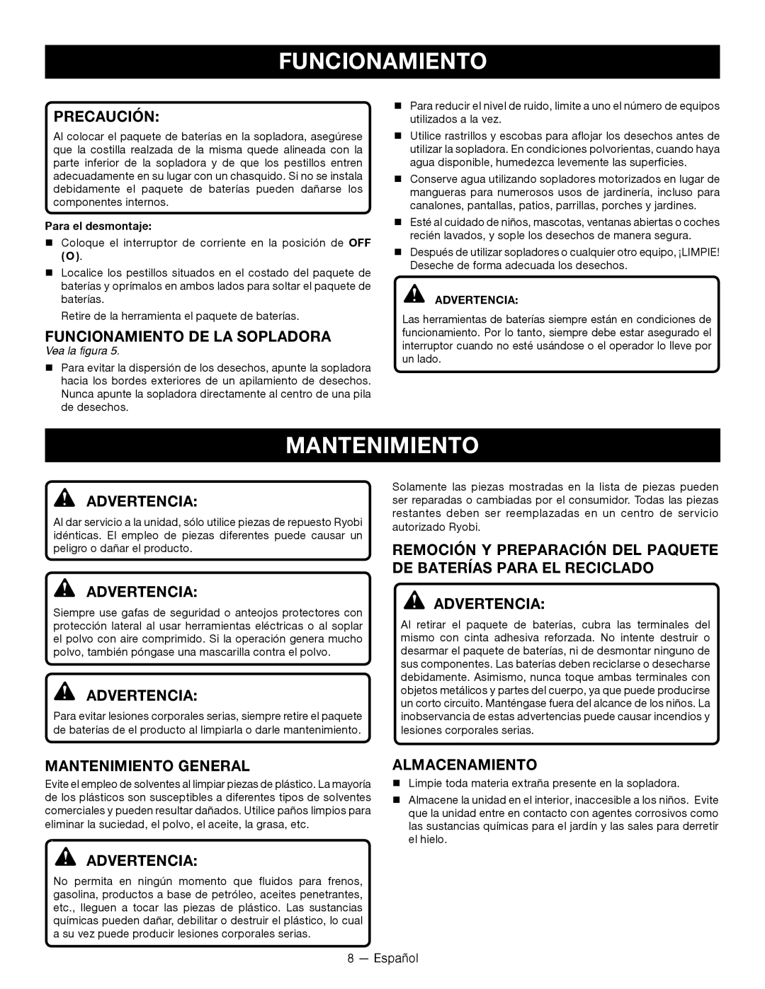 Ryobi P2101 manuel dutilisation Funcionamiento DE LA Sopladora, Mantenimiento General, Almacenamiento 