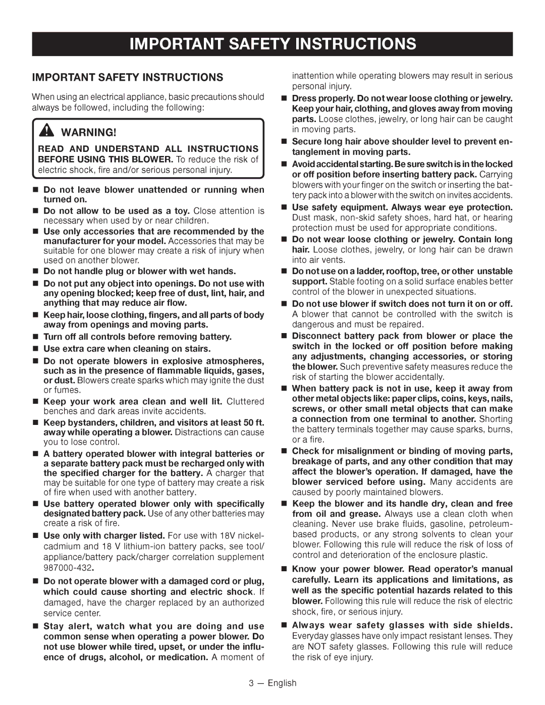 Ryobi P2101 manuel dutilisation Important Safety Instructions 