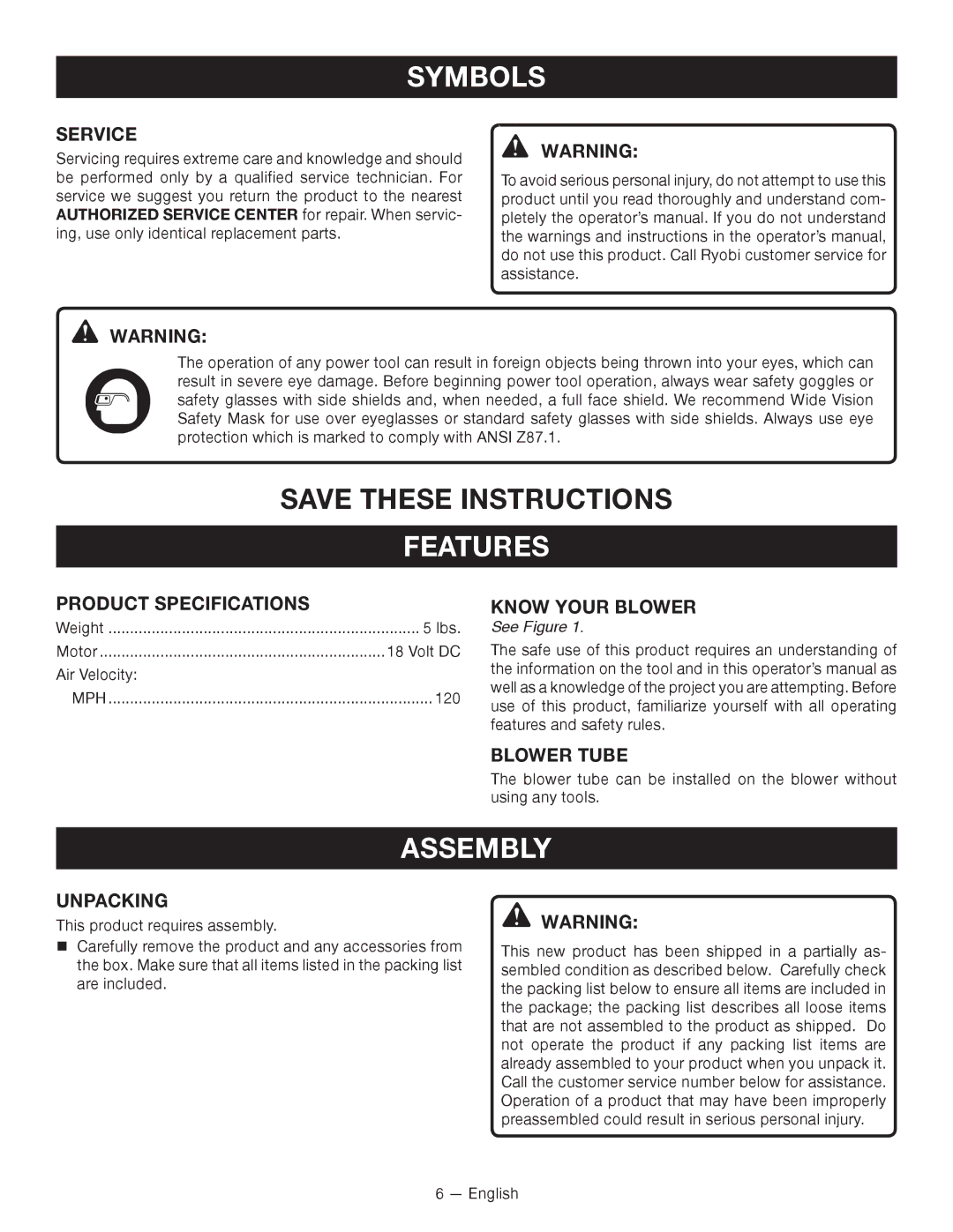 Ryobi P2101 manuel dutilisation Features, Assembly 