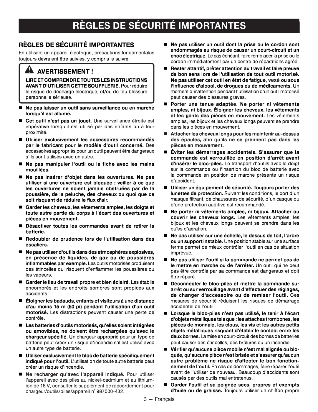 Ryobi P2101 manuel dutilisation Règles De Sécurité Importantes, Avertissement 