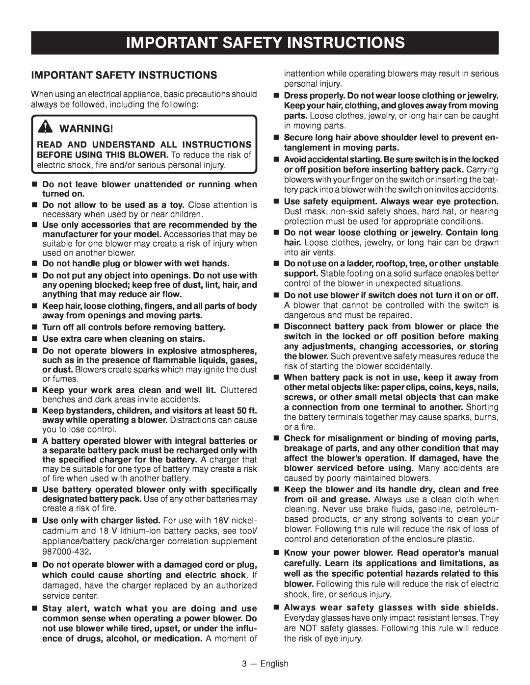 Ryobi P2101 manuel dutilisation Important Safety Instructions 