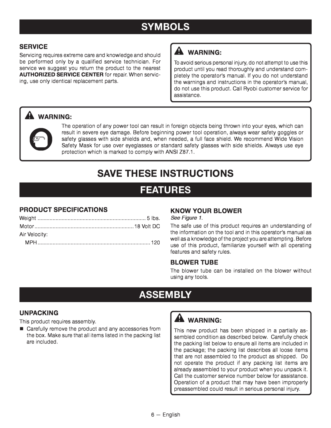 Ryobi P2101 Save These Instructions, Features, Assembly, Service, Product Specifications, KNOW YOUR blower, Blower Tube 