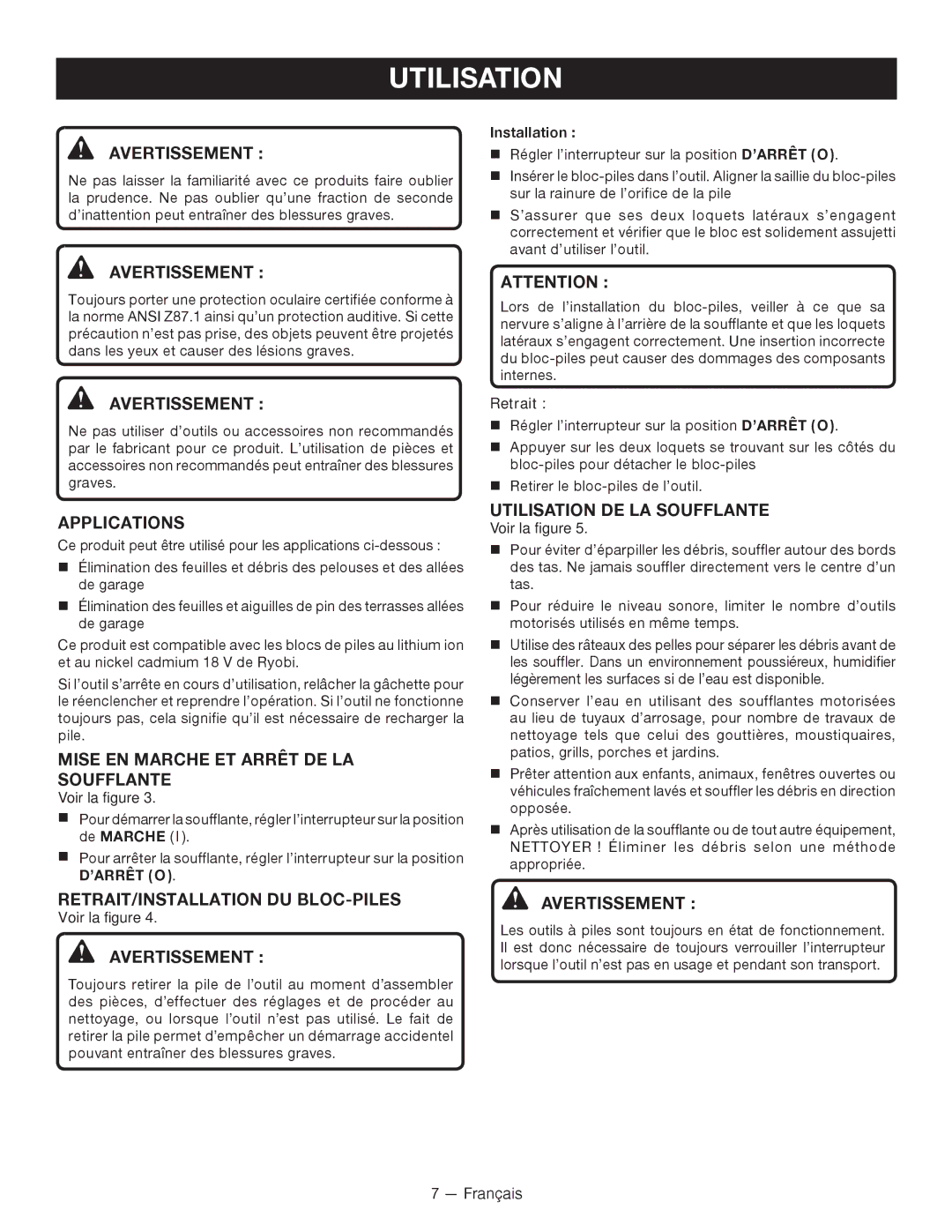 Ryobi P2102 manuel dutilisation Applications, Mise EN Marche ET Arrêt DE LA SOUFFLANTE­, Utilisation DE LA Soufflante 