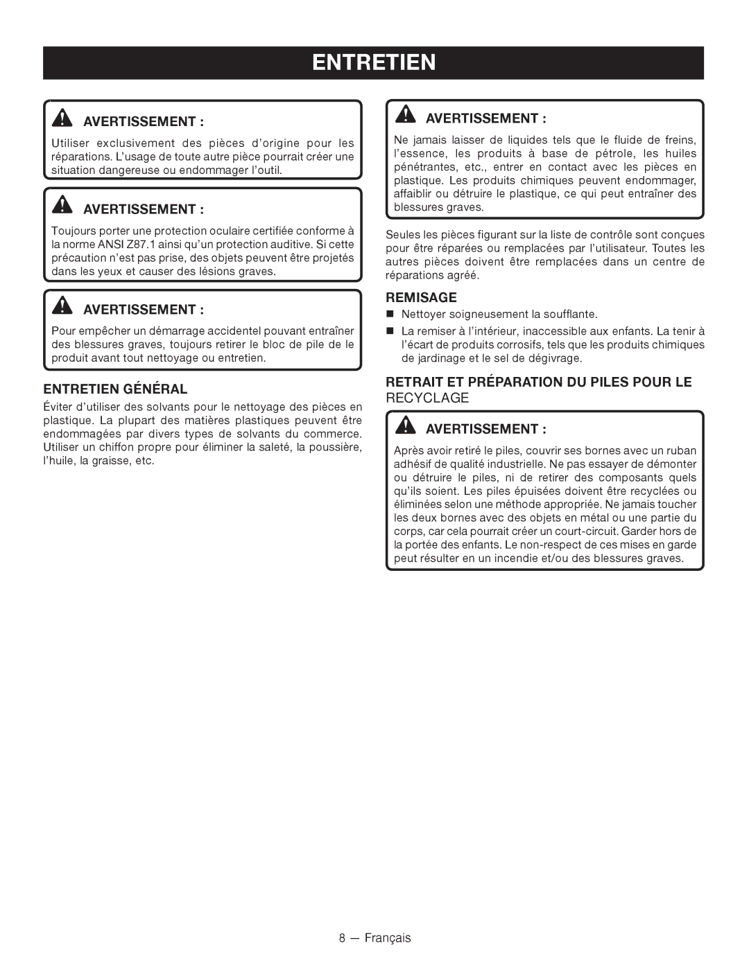 Ryobi P2102 manuel dutilisation Entretien Général, Remisage 