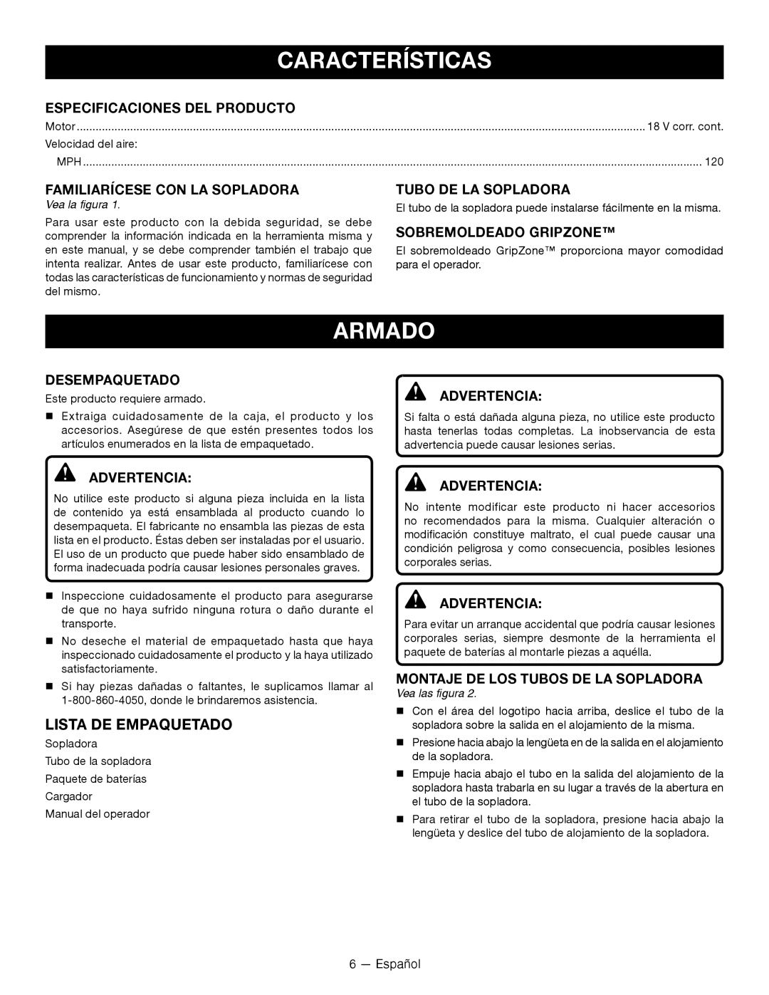 Ryobi P2102 manuel dutilisation Características, Armado, Lista DE Empaquetado 