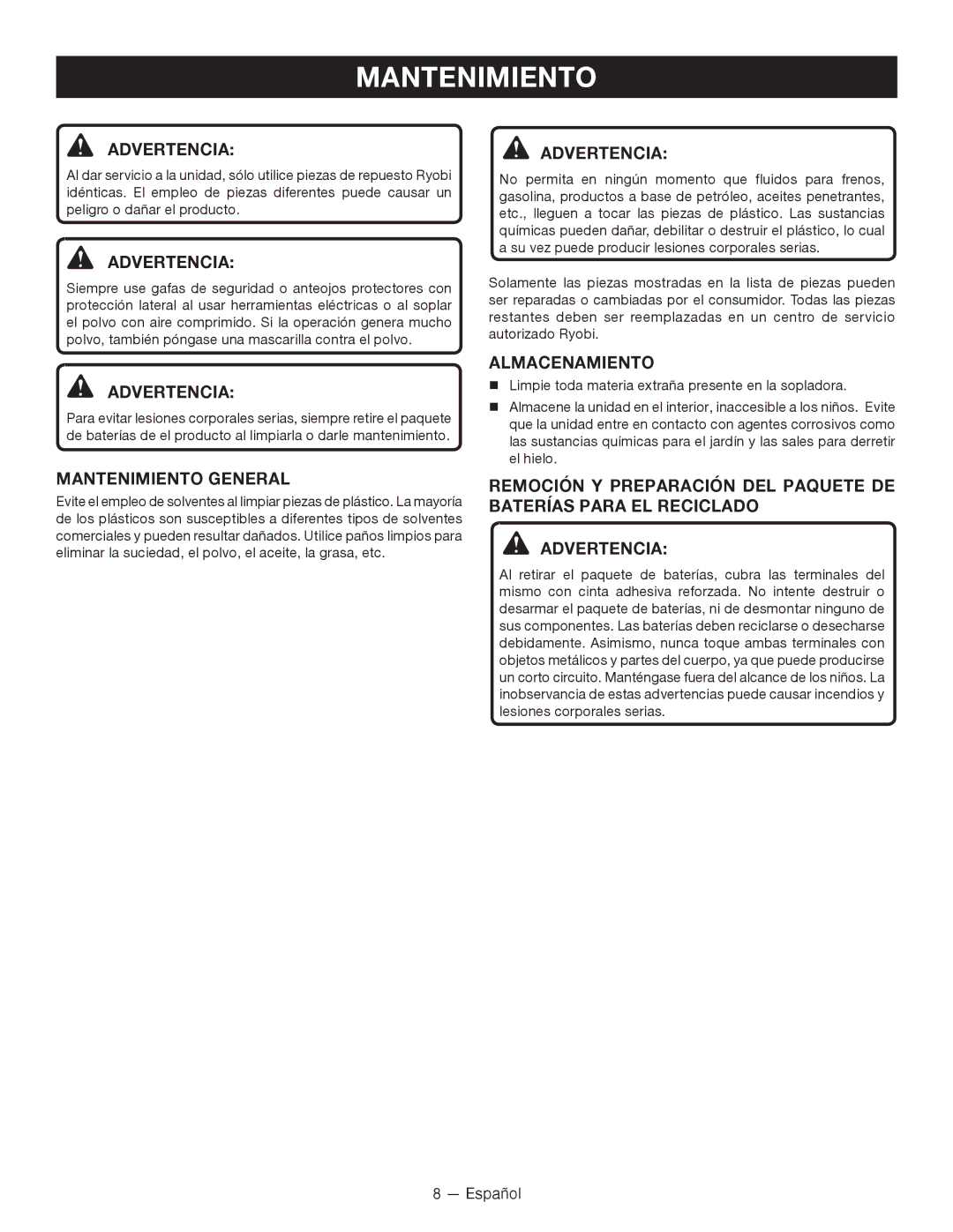 Ryobi P2102 manuel dutilisation Mantenimiento General, Almacenamiento 