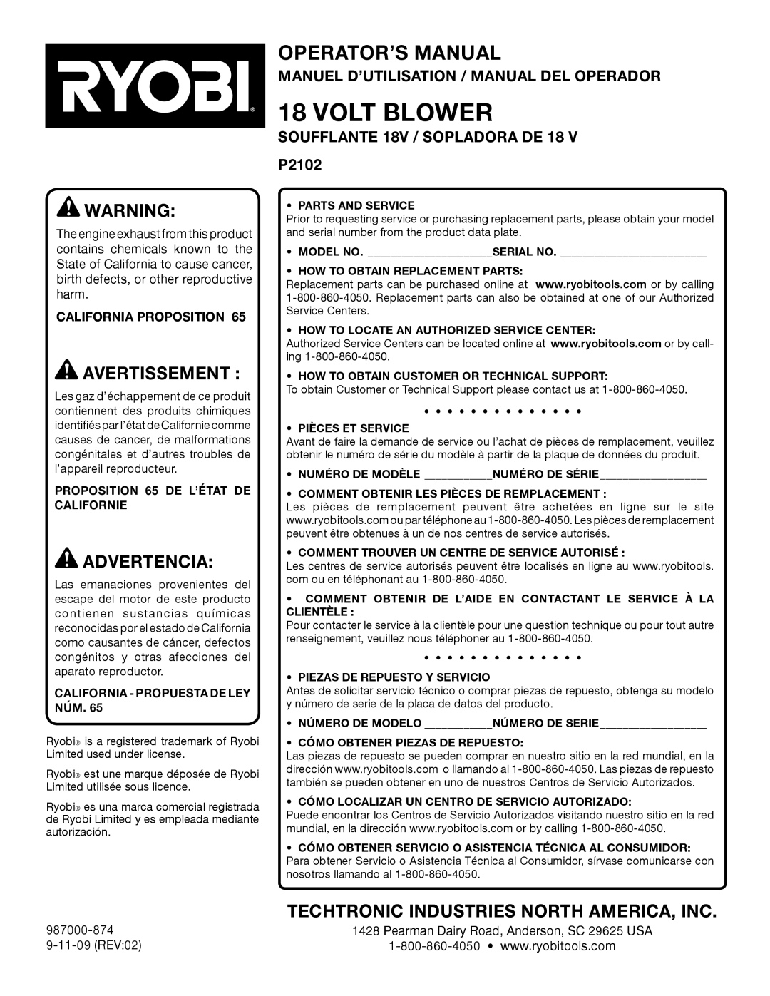 Ryobi P2102 manuel dutilisation Manuel D’UTILISATION / Manual DEL Operador, Soufflante 18V / Sopladora DE 18 