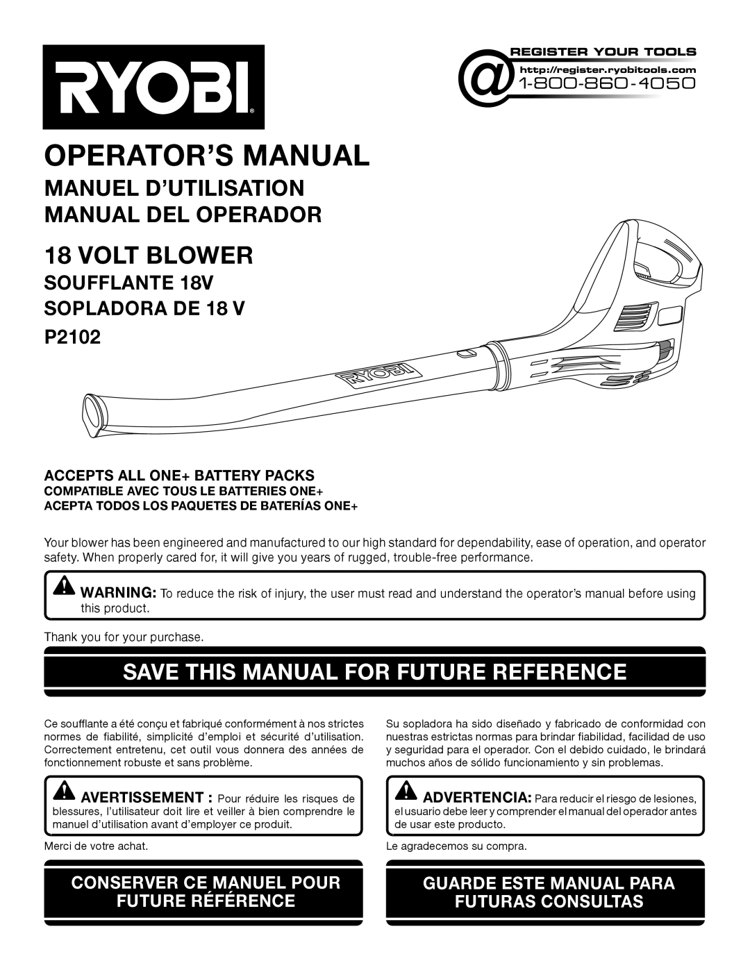 Ryobi manuel dutilisation Volt Blower, Save This Manual For Future Reference, SOUFFLANTE SOPLADORA DE 18 P2102 