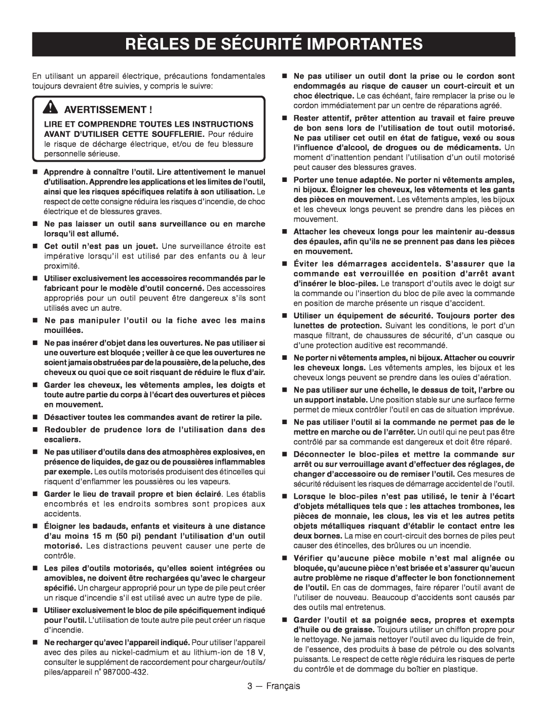 Ryobi P2102 manuel dutilisation Règles De Sécurité Importantes, Avertissement 