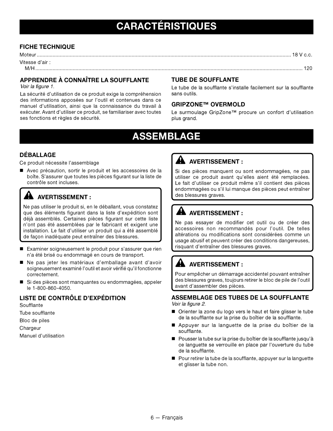 Ryobi P2102 manuel dutilisation Caractéristiques, Assemblage 