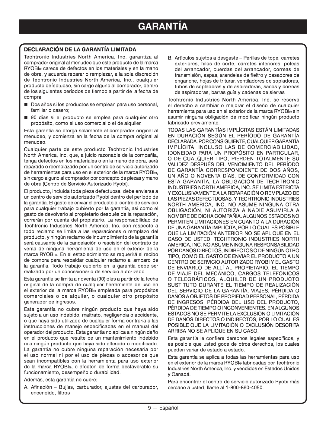 Ryobi P2102 manuel dutilisation Declaración De La Garantía Limitada 