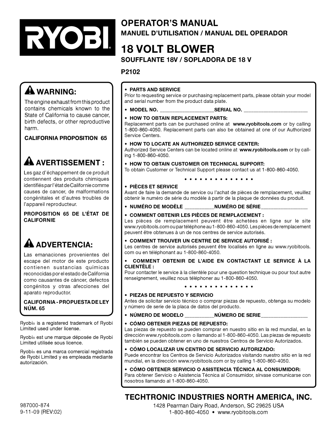 Ryobi Operator’S Manual, Manuel D’Utilisation / Manual Del Operador, SOUFFLANTE 18V / SOPLADORA DE 18 P2102 