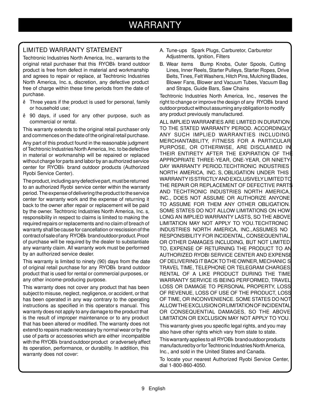 Ryobi P2105 manuel dutilisation Limited Warranty Statement 