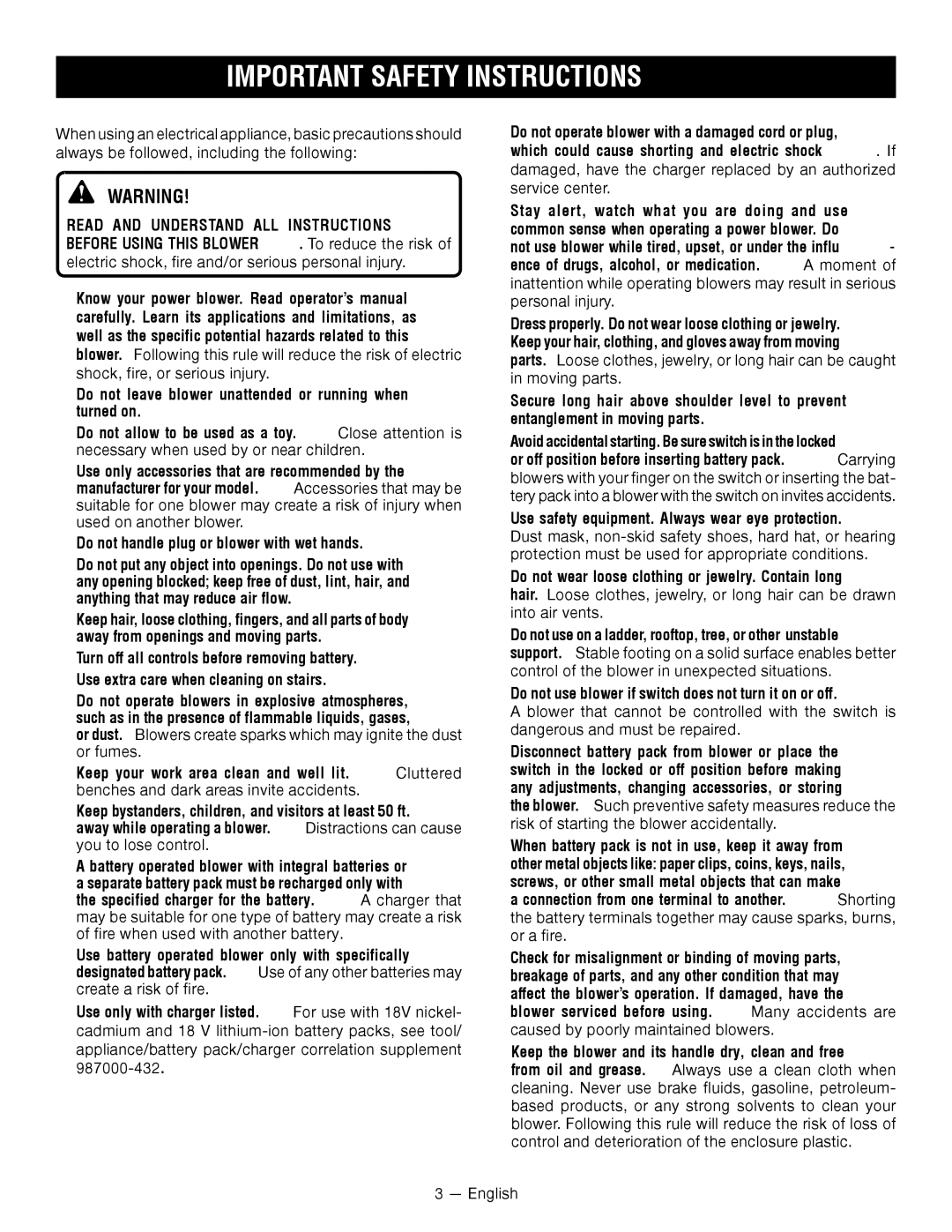 Ryobi P2105 manuel dutilisation Important Safety Instructions 