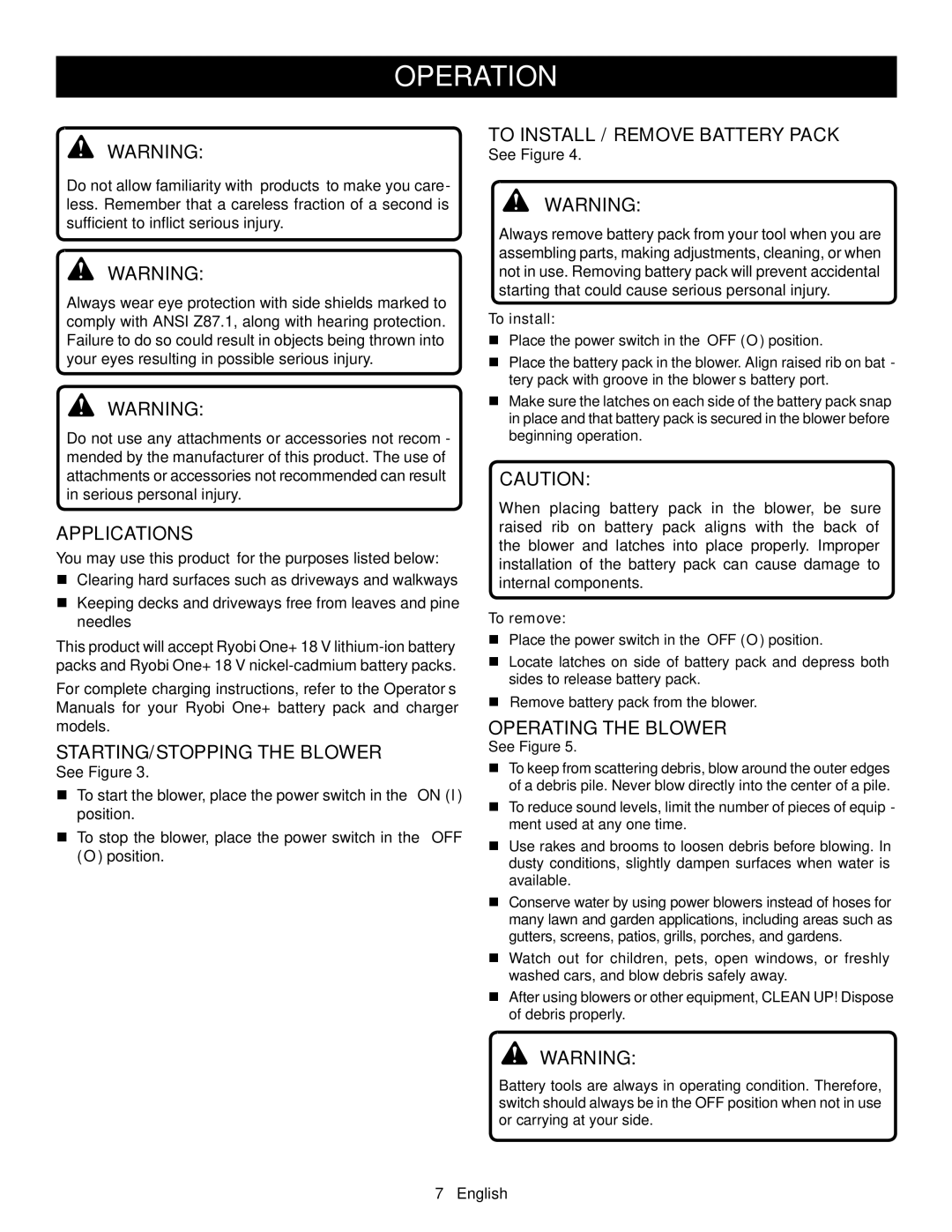 Ryobi P2105 Operation, Applications, STARTING/STOPPING the Blower, To Install / Remove Battery Pack, Operating the Blower 