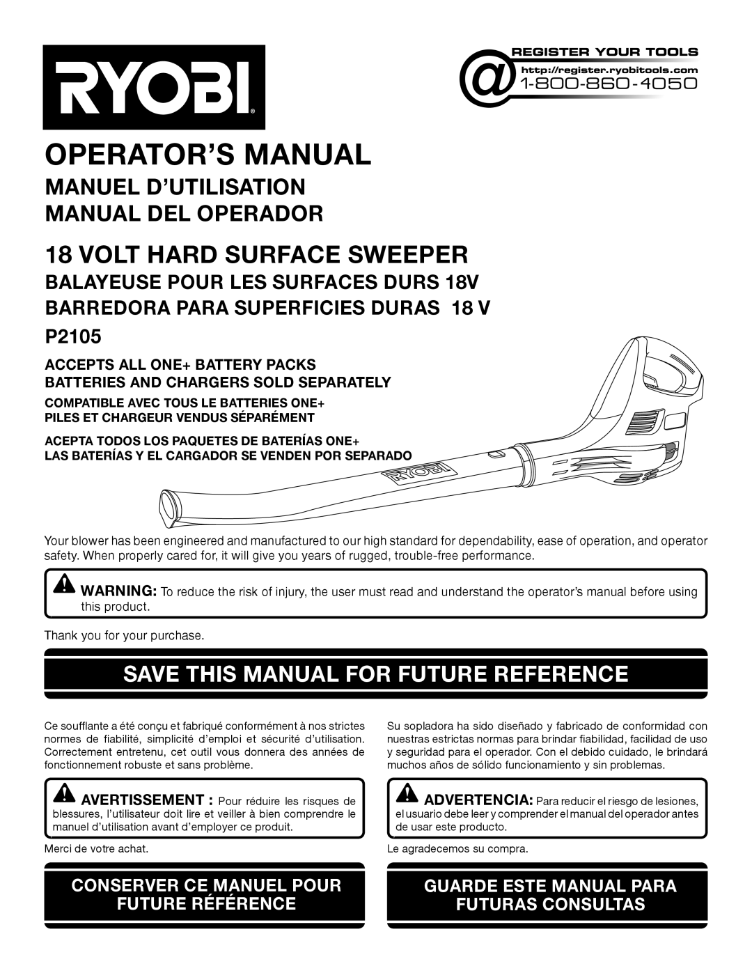 Ryobi P2105 manuel dutilisation Volt Hard Surface Sweeper, Save This Manual For Future Reference, Operator’S Manual 