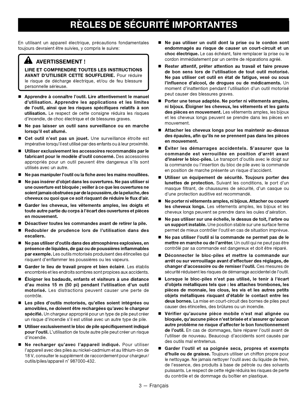 Ryobi P2105 manuel dutilisation Règles De Sécurité Importantes, Avertissement 