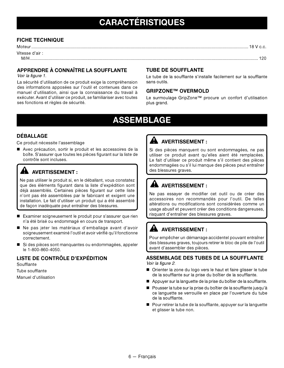 Ryobi P2105 manuel dutilisation Caractéristiques, Assemblage 