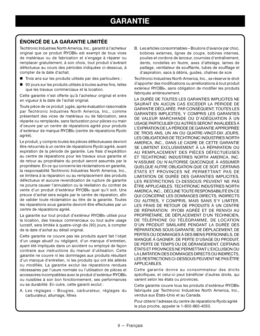Ryobi P2105 manuel dutilisation Énoncé De La Garantie Limitée 