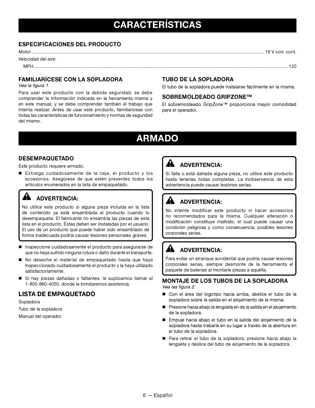 Ryobi P2105 manuel dutilisation Características, Armado, Lista De Empaquetado 