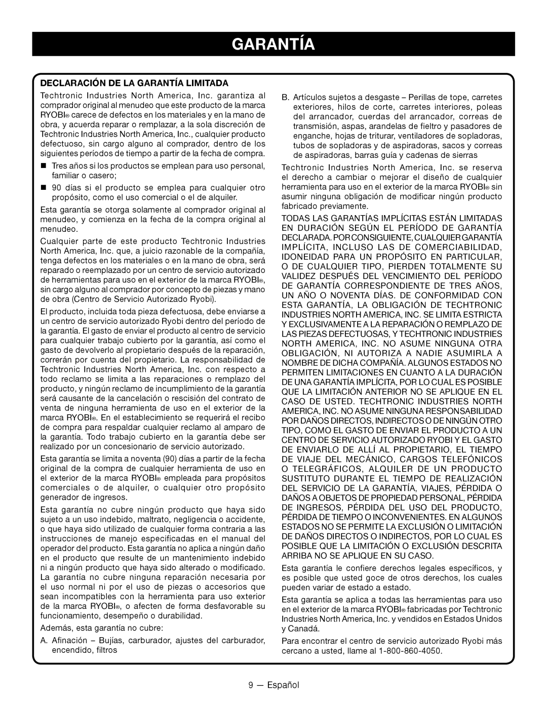 Ryobi P2105 manuel dutilisation Declaración De La Garantía Limitada 
