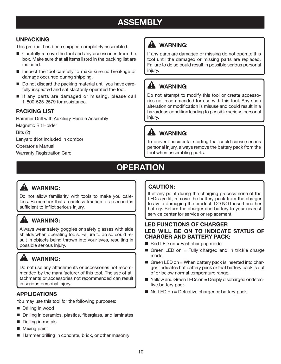 Ryobi P211 manual Assembly, Operation, Unpacking, Packing List, Applications 