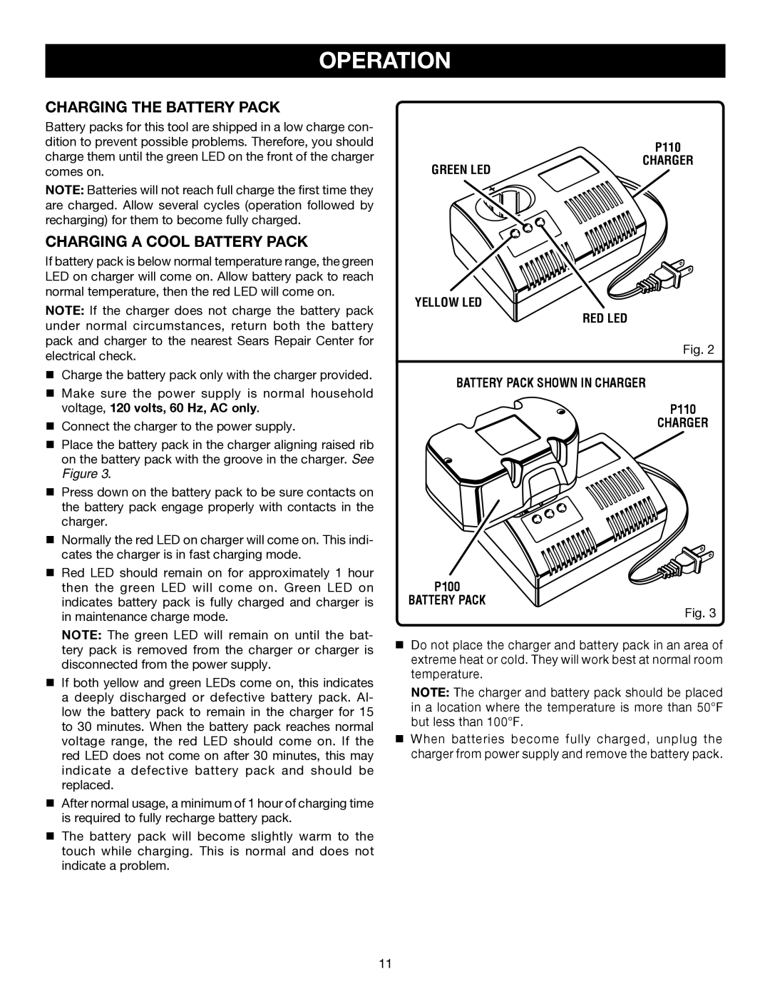 Ryobi P211 manual Charging the Battery Pack, Charging a Cool Battery Pack 